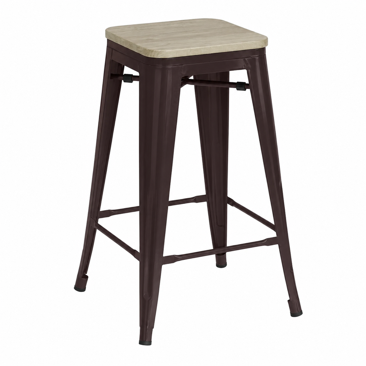 Tabouret vintage en acier et bois massif 60 cm marron foncé
