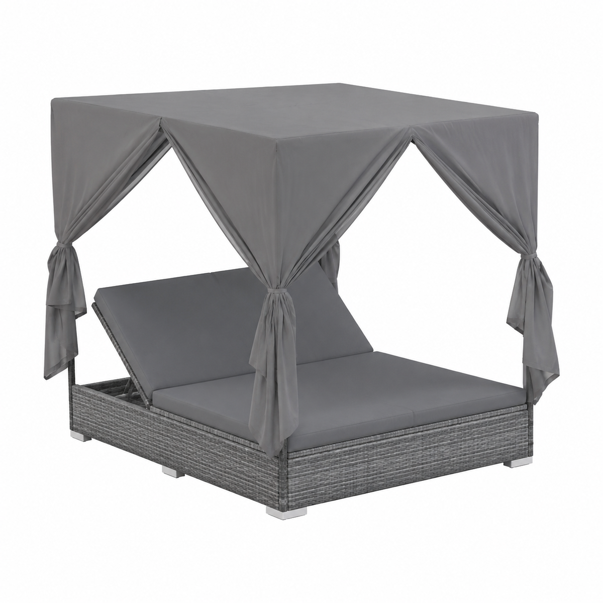 Lit de jardin en résine tressée avec rideaux gris